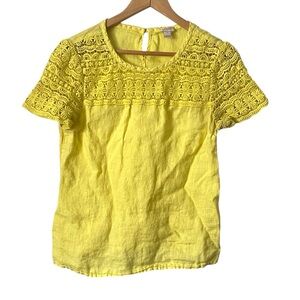 J Crew Women's Lace Trim Linen Top shirt yellow crochet yoke size 8